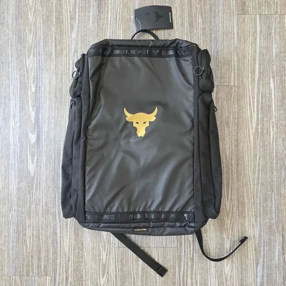UA Under Armour Project Rock Duffle Backpack Bag Black Gold Gym New 1376459-002